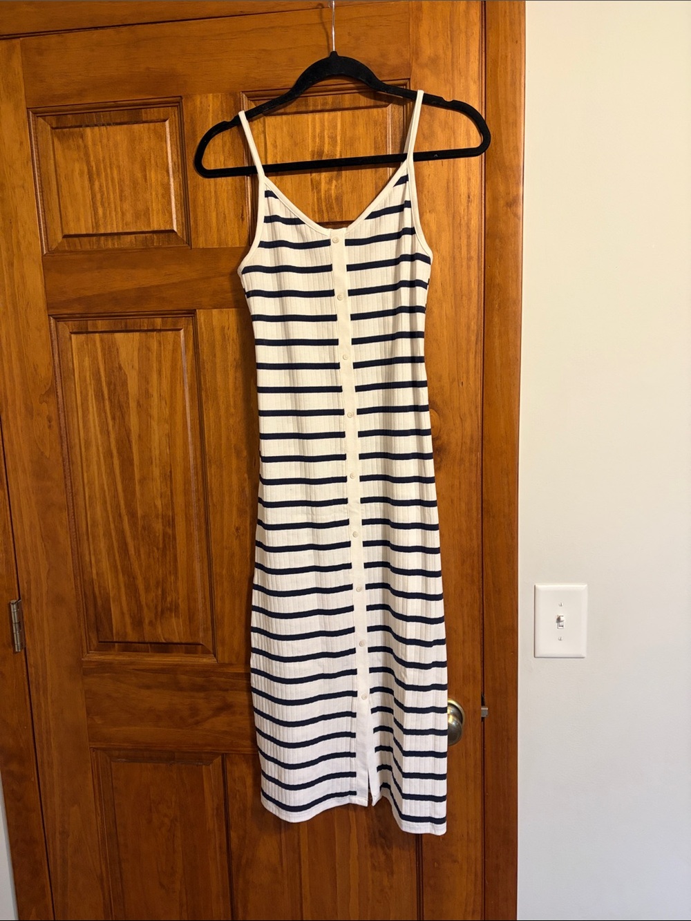 aerie White and Navy Striped Button-Front Midi Dress